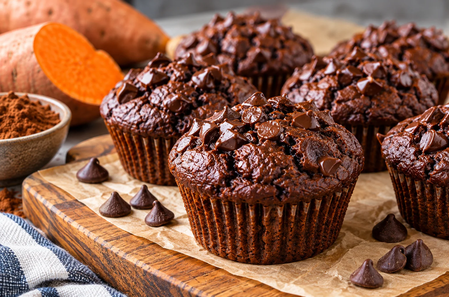 Fudgy Chocolate Sweet Potato Muffins