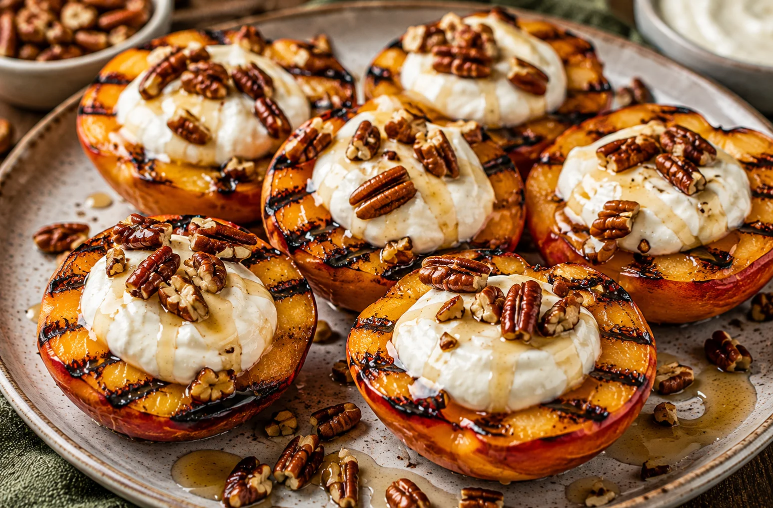 Grilled Honey Peaches with Vanilla Yogurt & Pecans